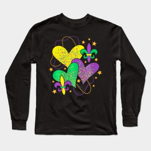 Cute Mardi Gras Love Hearts for Women Girls Kids Long Sleeve T-Shirt